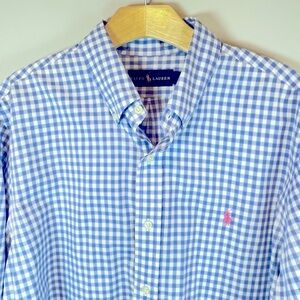 Ralph Lauren Button Down Shirt Men’s Size XL Blue White Gingham Check Pink Logo